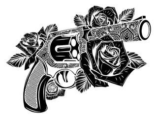 Poster - vector illustration of guns on the flower and ornaments floral with tattoo drawing style