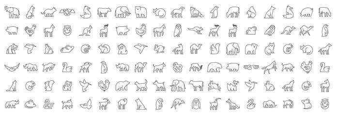 linear collection of animal icons. animal icons set. isolated on white background