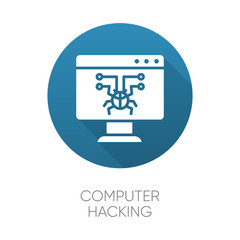 Poster - Computer hacking blue flat design long shadow glyph icon. Illegal access gain. Security breach. Malware, ransomware. Phishing, cybercrime. Fraudulent scheme. Vector silhouette illustration