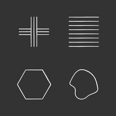 Poster - Geometric figures chalk icons set. Crossed stripes. Black ink strokes. Parallel lines. Flat solid hexagon. Filled fluid abstract shape. Isometric forms. Isolated vector chalkboard illustrations