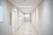 Esthetic And Clean Modern Private Clinic Or Vet Hallway Corridor With Empty Posters