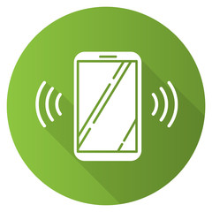 Poster - Green ringing smartphone flat design long shadow glyph icon. Mobile voice control idea. Sound command. Loud volume, audio frequency. Phone call, vibro signal. Vector silhouette illustration