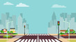 Cartoon city crossroads with traffic lights, sidewalk, crosswalk and urban landscape. Stock vector illustration of roadside cartoon landscape with roadway, road, sidewalk and empty pedestrian