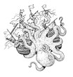 Giant octopus attacks ship. Gigantic mollusk against pirates. Fantasy drawing.	