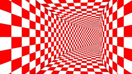 Wall Mural - An impressive 3d rendering of a symmetrical illusion formed by red and white squares turning in opposite way making a huge tunnel from chessboards creating the magic spirit.