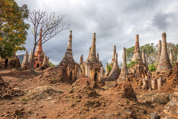 Shwe Inn Dain Pagoda, Inle lake, Myanmar. Ancient Inn Dain complex consists of 1054 pagodas.