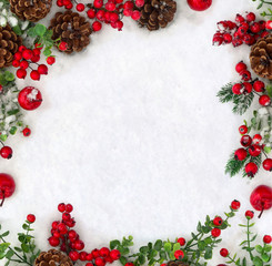 Wall Mural - christmas decoration. frame of cones pine, twigs christmas tree, red berries and apples on snow with