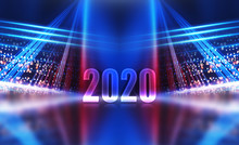 Text 2020 On A Dark Abstract Background. Neon Reflection Of Light. 2020 New Year Holidays Design Template For Greeting Cards And Christmas Invitations.