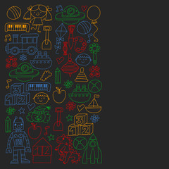  Kindergarten preschool school children. Kids drawing style vector pattern. Play grow learn together.