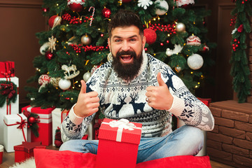 Poster - Bearded man in christmas sweater sitting near christmas tree. Fashion guy gestures thumbs up