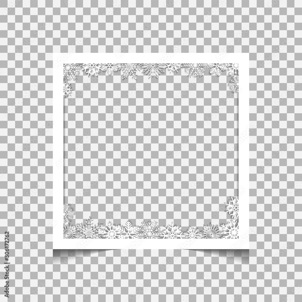 Christmas square photo frame with snow and shadow on transparent background. Photograph empty blank holiday celebration template. Retro memory picture - obrazy, fototapety, plakaty 