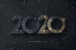 Happy New Year 2020 beautiful sparkling design of numbers on black background with texture of black snowflakes and shining falling snow. Trendy modern  winter banner, poster or greeting card template