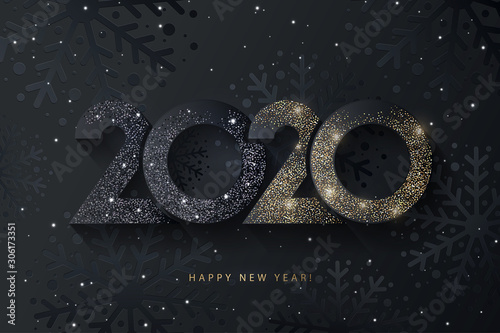Fotomural Happy New Year 2020 beautiful sparkling design of numbers on black background with texture of black snowflakes and shining falling snow