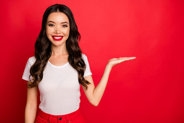 Poster - Close-up portrait of her she nice glamorous attractive lovely cheerful wavy-haired girl holding invisible object on palm advert copy space isolated over bright vivid shine vibrant red color background