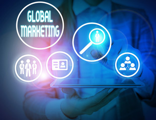Poster - Writing note showing Global Marketing. Business concept for firm sells the same products to the global market
