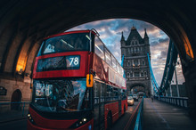 Classic Red Double Decker At The Tower Bridge In London. UK. Traffic In London