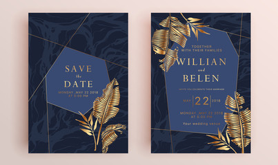 Wall Mural - Beautiful set of wedding card templates. Gold collection of geometrical polyhedron, art deco style for wedding invitation, luxury templates, decorative patterns.