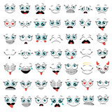 Fototapeta Dinusie - Set of funny cartoon faces. Caricature comic emotions. Doodle style. Isolated vector illustration