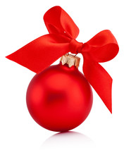Christmas Red Bauble Isolated With Ribbon Bow On White Background