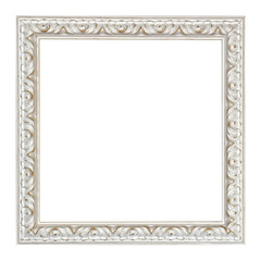 Wooden frame for paintings with white patina. Isolated on white