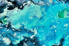Abstract Liquid Paint Background. A View From Space On An Exoplanet Sea Or Ocean. Colorful Blue Green Swirl Wave Storm