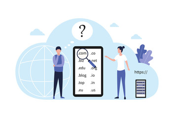 Concept choice domain name registration. A pensive man with a hand near the sub-gate decides which domain to choose for his website, online store, blog, landing page. Flat vector illustration isolated