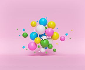 Poster - colorful Christmas concept. abstract floating decoration balls and stars isolated on pastel background. 3d rendering