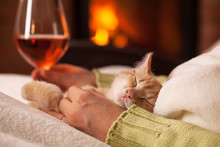 Woman Relaxing By The Fire, Holding A Glass Of Wine And Her Cute Ginger Kitten - Close Up On Hands