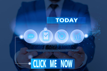 Poster - Word writing text Click Me Now. Business photo showcasing Internet helping desk Press the button Online Icon Nertwork