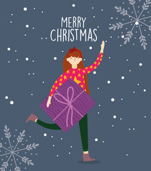 Poster - merry christmas woman with sweater and gift box snowflakes