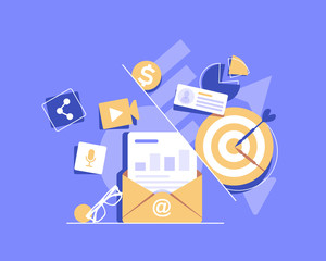 Poster - Email advertising campaign, e-marketing,reaching target audience with emails flat vector concept