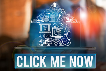 Poster - Word writing text Click Me Now. Business photo showcasing Internet helping desk Press the button Online Icon Nertwork