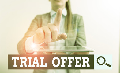 Aufkleber - Writing note showing Trial Offer. Business concept for A temporary free or discounted offer of a product or services Digital business concept with business woman