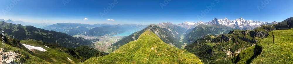 hiking trail panorama in the swiss mountains in interlaken, switzerland - obrazy, fototapety, plakaty 