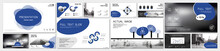 Business Presentation Design Blue Ovals, Infographic Elements On White Background. Buildings And Architecture, People In The City. Vector Slide Presentation Of Business Project, Marketing, Web Design