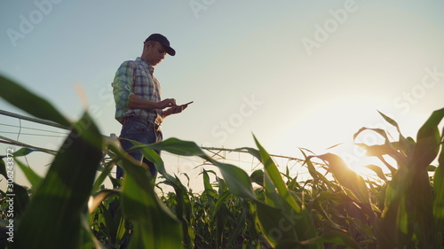 Fotografía Young farmer working in a cornfield, inspecting and tuning irrigation center pivot sprinkler system on smartphone