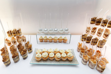 plates with cupcakes and marshmallow. candy bar on the birthday or wedding festive party isolated on white background. sweets on the festive table. desserts on a festive table with a white tablecloth 