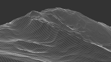 Fototapete - Vector wireframe 3d landscape. Technology grid illustration. Network of connected dots and lines on dark background.