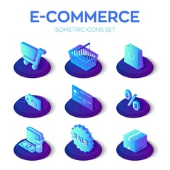 E-commerce icons set. Digital marketing. Online shopping. 3D isometric online store icons for website or mobile application. Bank card, money, shopping cart and bag, price, sale. Vector illustration.