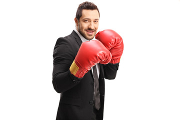 Wall Mural - Businessman with red boxing gloves looking at the camera