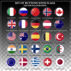 Bright transparent set of banners with flags. Colorful illustration with flags of the world for web design. Glass buttons with flags. Vector Illustration with transparent background.