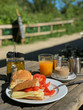 © svetlanais - Sandwich with cheese, fresh tomatoes, orange juice and coffee on wooden table, breakfast outdoors