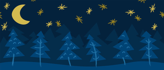 Wall Mural - winter forest trees night stars sky background banner abstract drawing