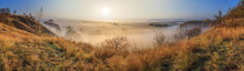 Autumn Sunrise Landscape, Panorama, Banner - View Of A River Valley Covered With Fog In The Light Of The Sunrays, The Northeast Of Ukraine