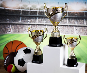 Podium, Winner trophy, Sport equipment and balls