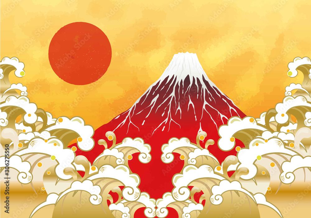 初日の出と赤富士と海：年賀状 赤富士 富士山 ご来光 海 初日の出 太陽 