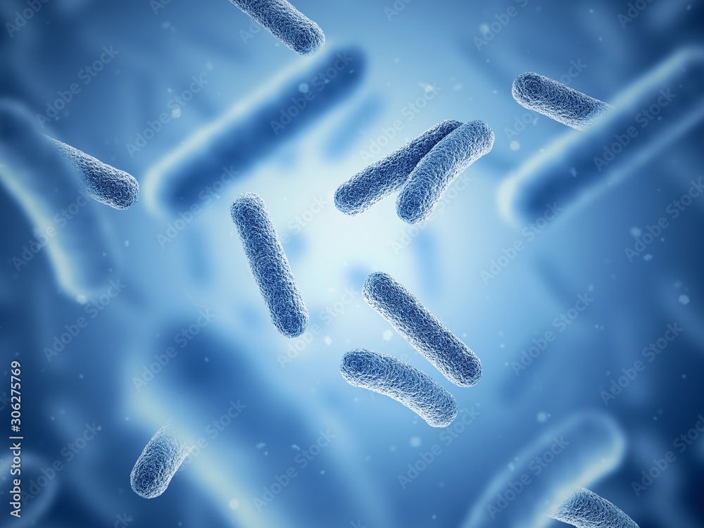 Bacteria. Bacterium. Blue color. Prokaryotic microorganisms. 3d illustration. - obrazy, fototapety, plakaty 