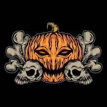 Illustration Of Spooky Pumpkin With Skull