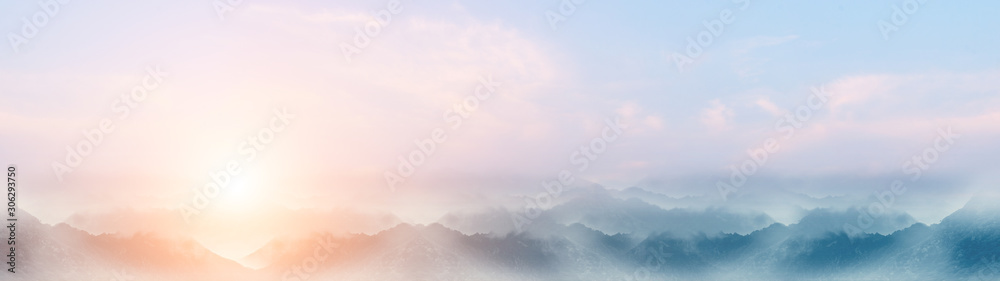 Chinese ink wash style sunset mountain scenery background - obrazy, fototapety, plakaty 