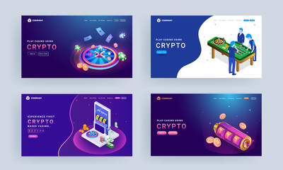 Poster - Landing page design set with illustration of gambler characters, roulette wheel, slot machine and crypto coins for Play Casino Using Crypto.